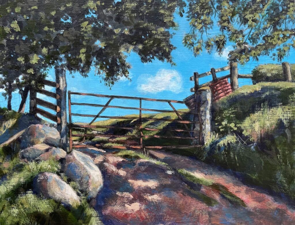 An acrylic painting of an old metal gate across a muddy Dartmoor path. The sky is bright blue, the foliage is full, and the scene is one of a warm summer's day.